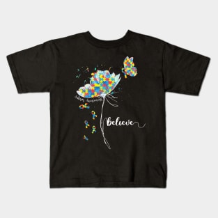 Womens Believe Flower-Butterfly Autism Kids T-Shirt